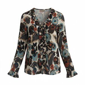 Vintage 90s I.E. Silk Ruffle Blouse Cream Abstract Old Money XL